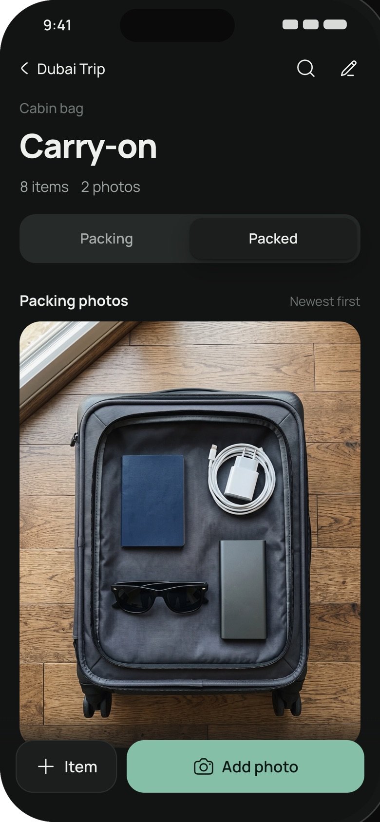 A carry-on in Tuck with a packing photo