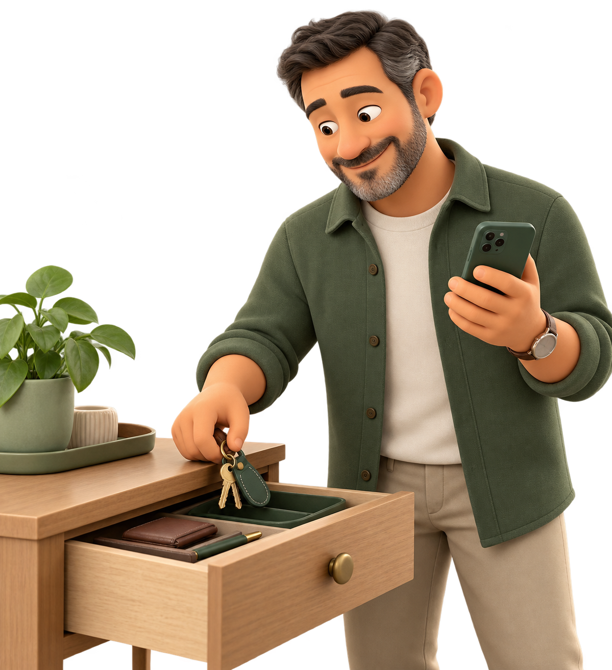 Middle-aged man finding keys with his phone